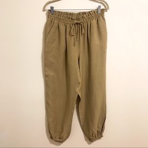 Zara Tan Paper Bag Style Linen Blend Drawstring Waist Pants Size L